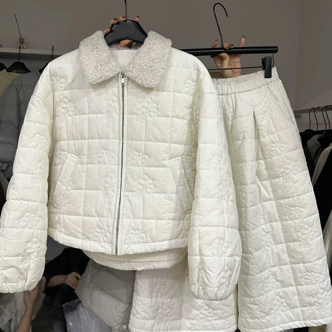 翻领羊羔毛格纹棉衣夹棉八分阔腿裤两件套女2025冬季新款韩系套装