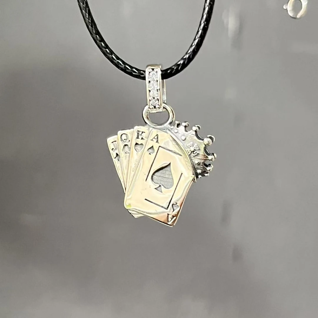吊坠925银 NO128皇冠扑克牌吊坠小众欧美原创做旧韩版朋克