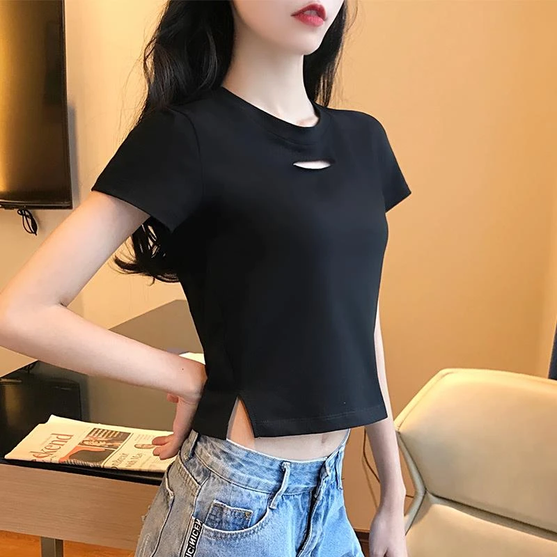 HTKD黑色短款T恤女短袖2025新款春秋设计感小众高腰露脐紧身