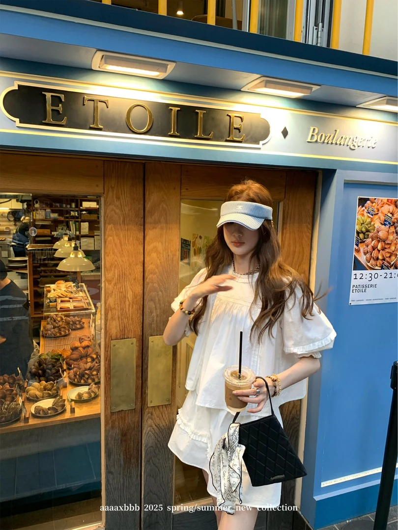 aaaaxbbb 千本樱特调 两色泡泡袖花边套装木耳边中袖上衣半身裙女