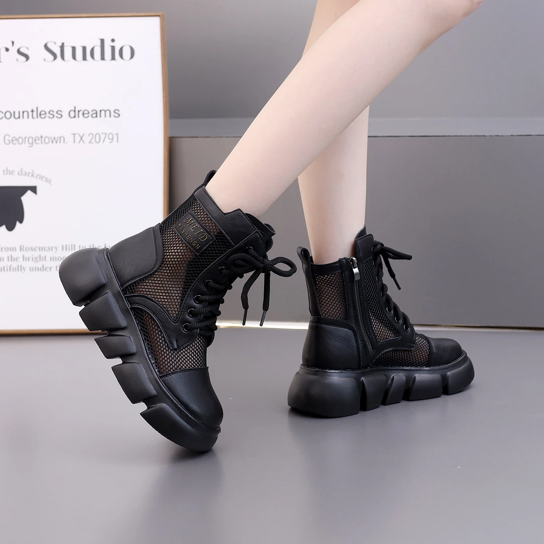 真皮厚底网纱马丁靴女2025夏季新款时尚透气网靴软底轻便大码凉靴