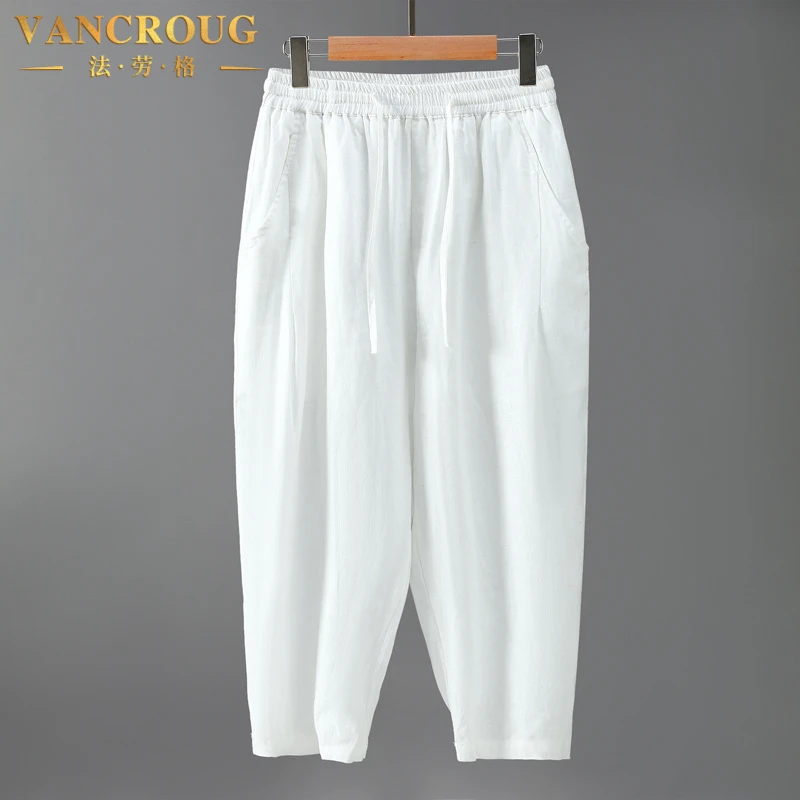 VANCROUG/法劳格休闲裤男士夏季纯亚麻中国风复古百搭薄款八分裤