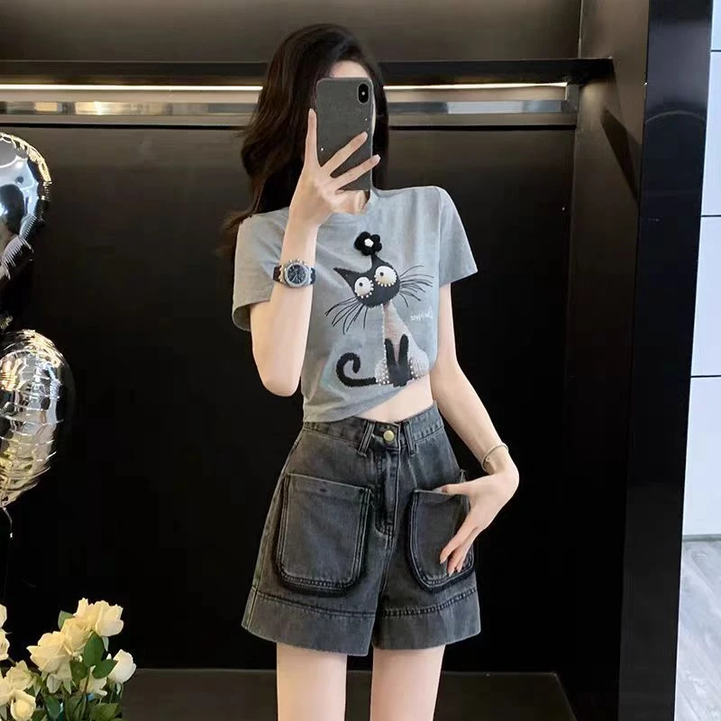 夏季休闲运动套装女2025新款洋气印花恤复古减龄牛仔短裤两件套