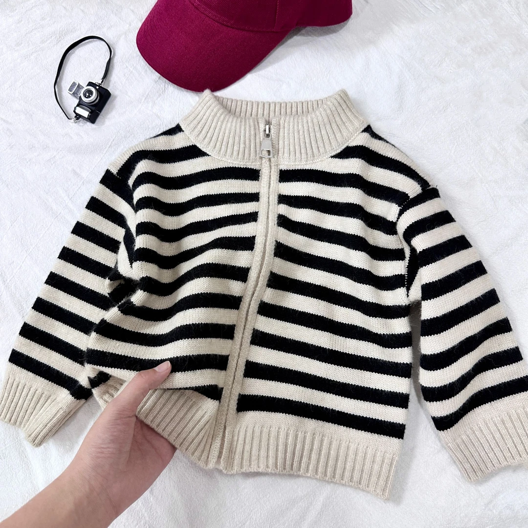 （哈密瓜）儿童条纹毛衣春秋2024新款条纹拉链百搭长袖毛衣S022
