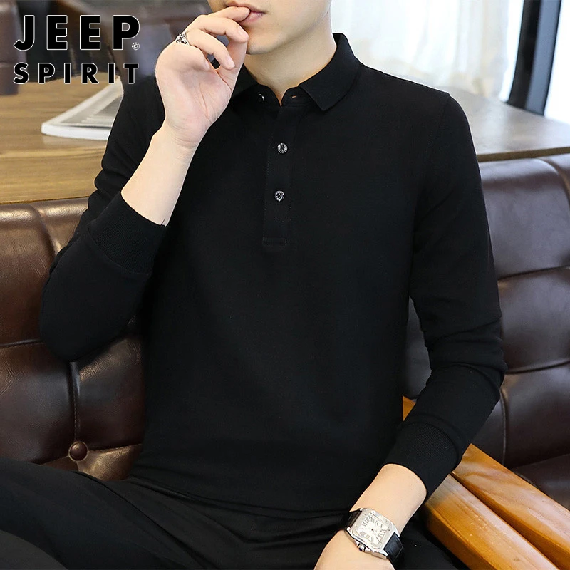 JEEPSPIRIT黑色长袖翻领上衣t恤男士秋季新款韩版休闲打底POLO衫