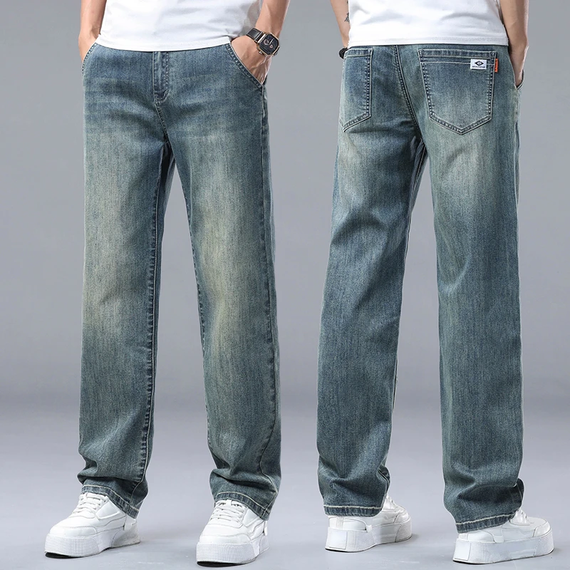 花花公子夏季薄款男士直筒牛仔裤男宽松大码弹力高腰休闲男裤子