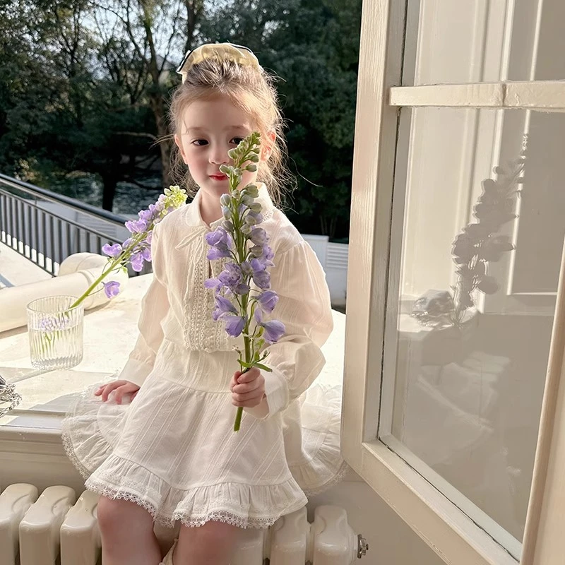 爱上靓妞女童套装宝宝优雅法式两件套梦幻白蕾丝裙子儿童新款春装