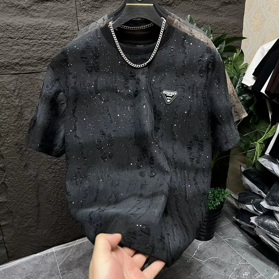 短袖t恤男夏季新款潮牌破洞渐变满天星体恤轻奢百搭圆领半袖上衣