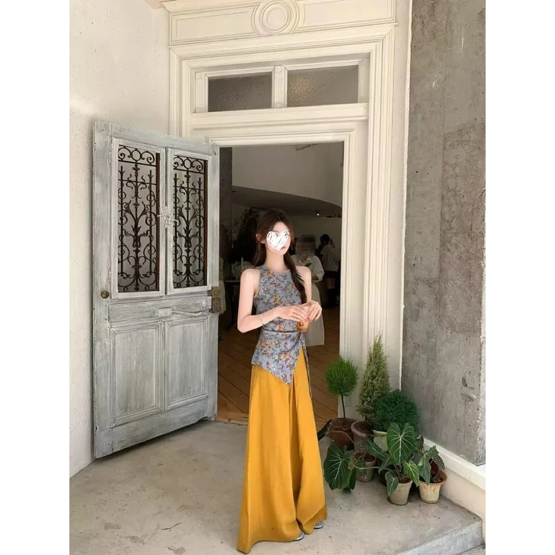 蓝色碎花印花设计感系带无袖背心2025新款百搭高腰垂感阔腿裤套装