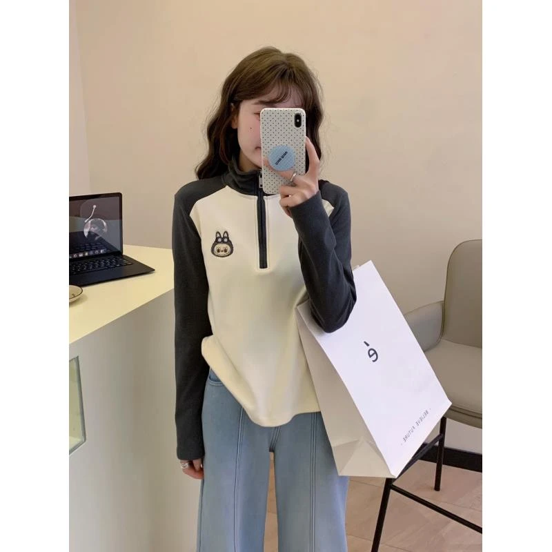 小雅姐姐 卡通刺绣插肩撞色半拉链休闲打底T恤衫IL14