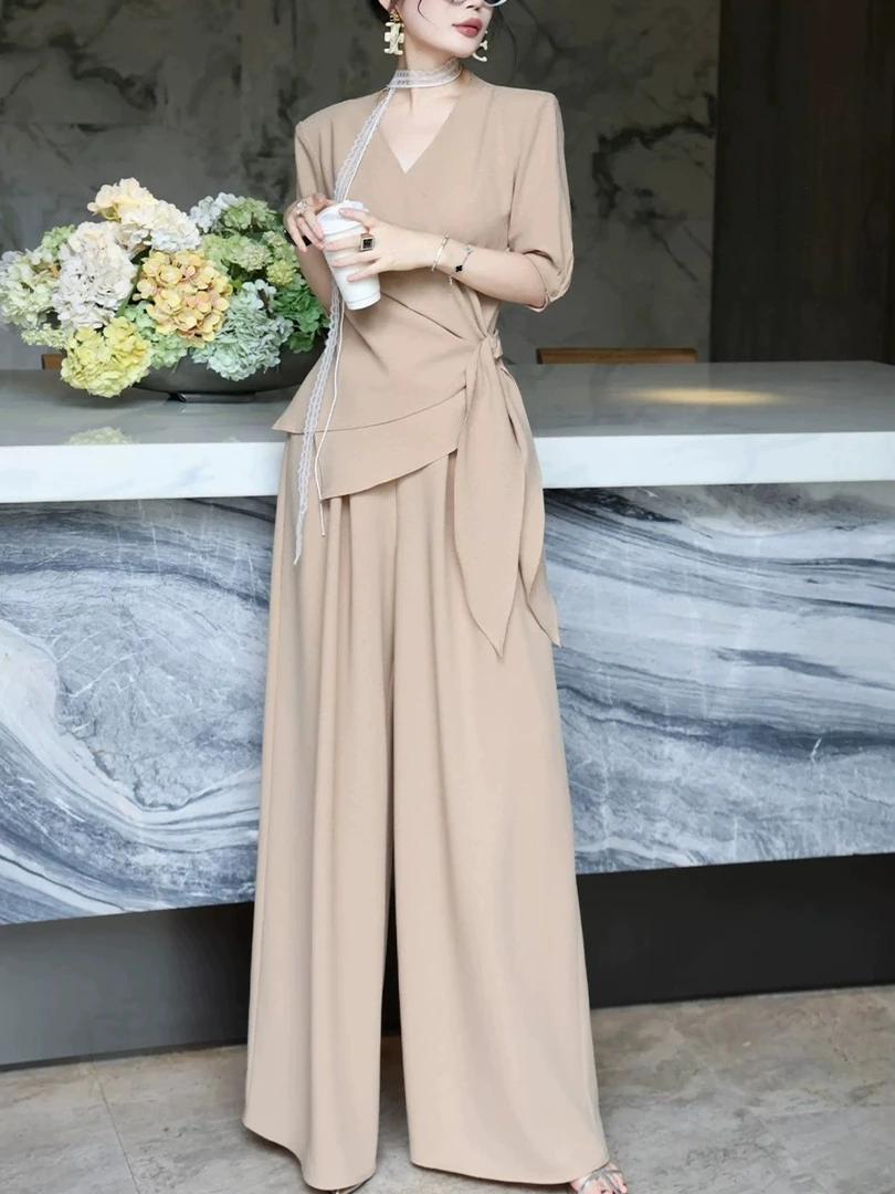 大码时尚套装夏季不规则收腰绑带阔腿裤200斤显瘦胖mm两件套装