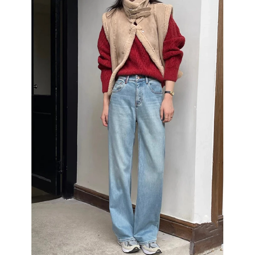 【加绒暖丝绒-989】冬季新款显瘦百搭时尚窄版直筒宽松牛仔长裤女