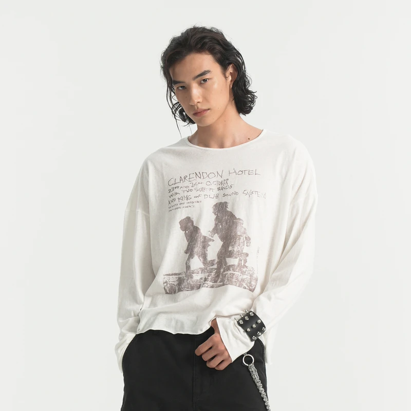 PURE2「KILLINGJOKE」LS TEE 微透雪花棉短宽做旧乐队印花长袖T恤