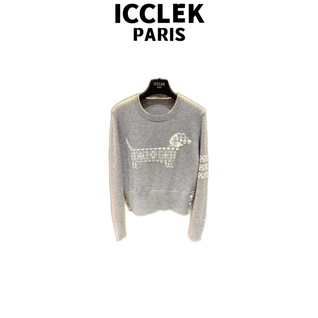 ICCLEK 秋冬名媛灰色圆领长袖针织衫套头轻奢时尚百搭上衣 - 9352