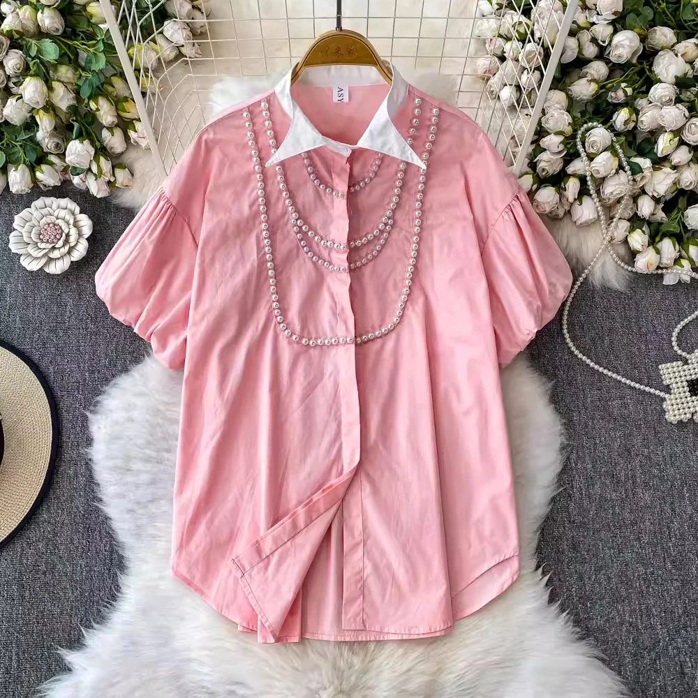 设计感撞色尖领泡泡袖衬衫新款轻奢重工珍珠链条衬衣宽松显瘦上衣