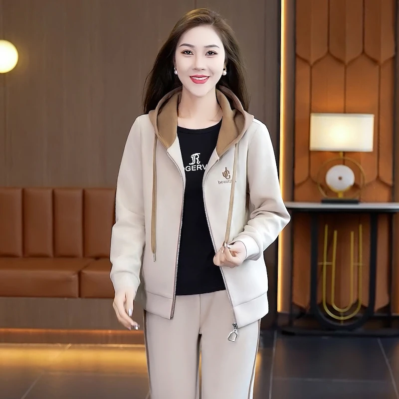 时尚运动套装女春季新款连帽开衫卫衣三件套韩版休闲女士休闲套装