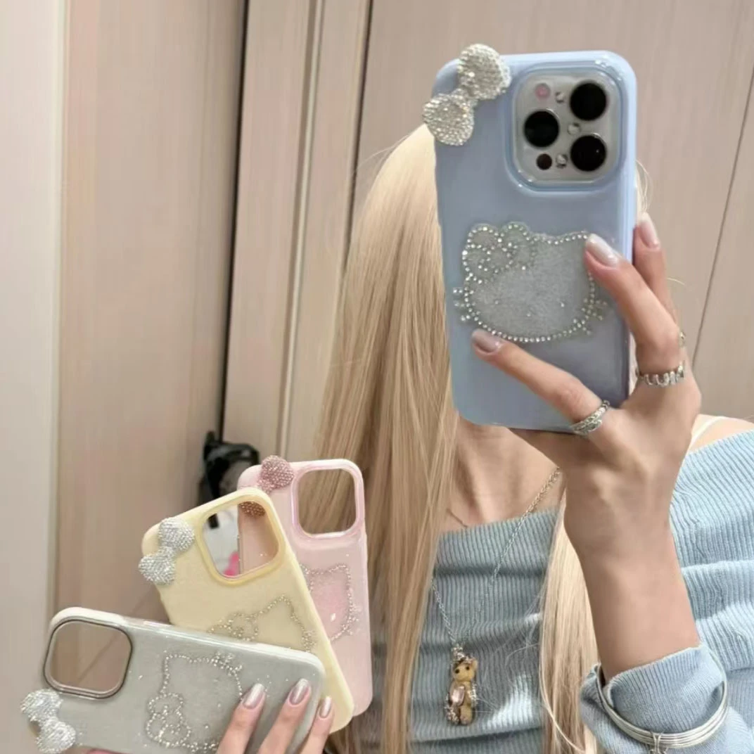 高级感闪钻蝴蝶结KT猫适用苹果16promax手机壳14/13/12软XR/11
