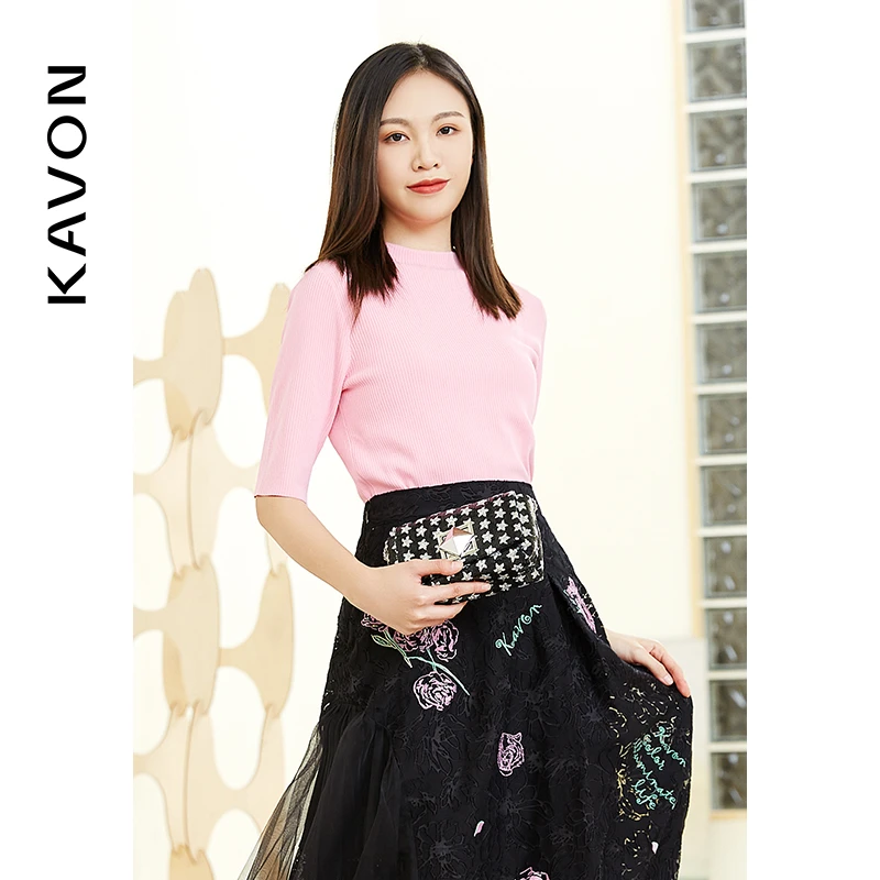 【晨粉专享价】时尚女修身显瘦五分袖圆领套头针织上衣KK1M526HE