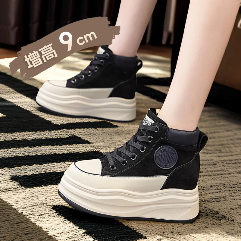 增高9cm小白鞋女2025秋季松糕厚底运动板鞋小个子内增高高帮鞋