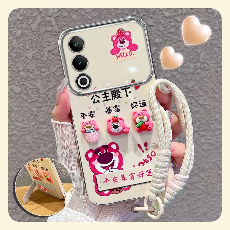 适用【oppoa3x】手机壳粉色草莓熊大视窗折叠支架硅胶防摔女款可爱