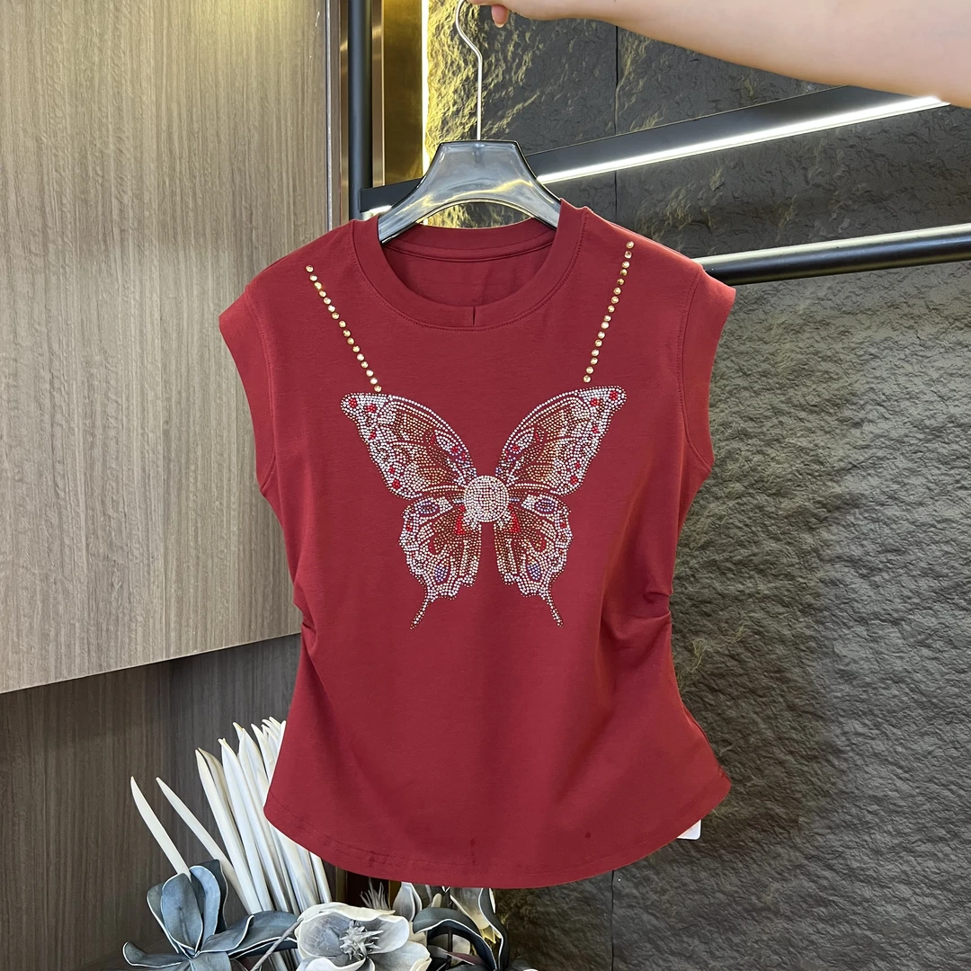 （果果专属）圆领极简风烫钻女士透气休闲风T恤套装重工A446