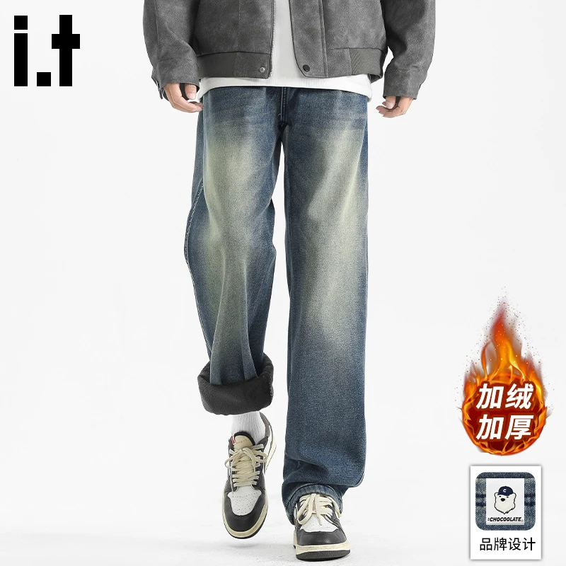 i.t:CHOCOOLATE加绒保暖牛仔裤男士秋冬季新款宽松休闲百搭直筒裤