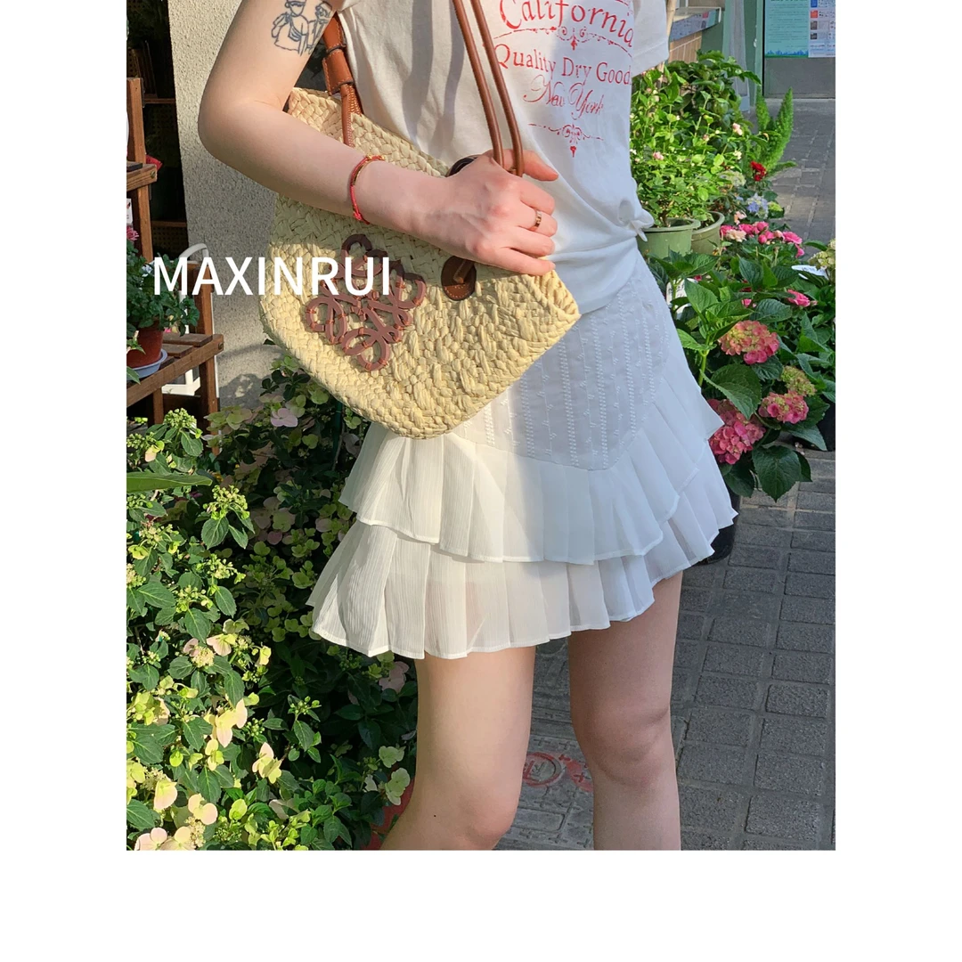 MAXINRUI 【干净灵动】25ss夏季休闲时尚百搭压褶短裙RRS25159