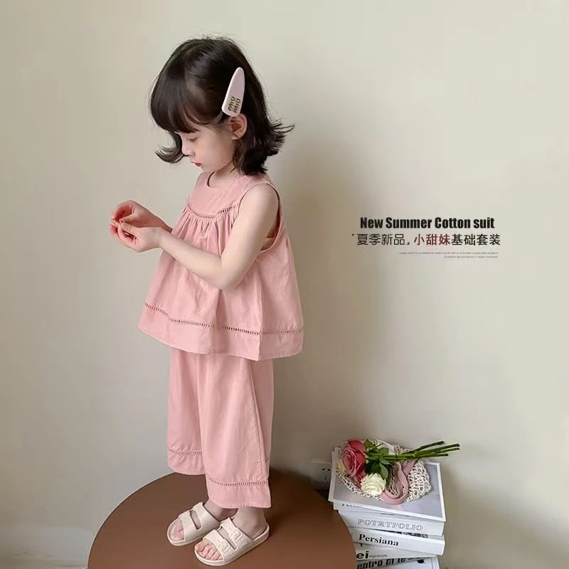 女童夏季背心套装2025新款女孩纯棉短袖洋气休闲儿童短裤两件套潮