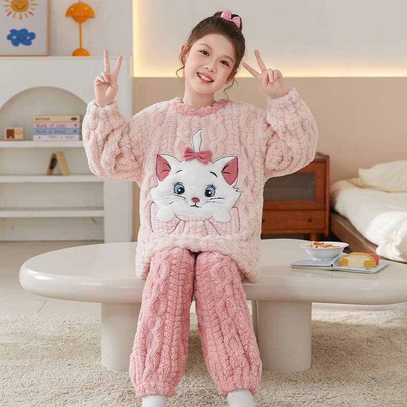 法兰绒儿童睡衣长袖加绒加厚秋冬新款女童套装大童女孩洋气家居服