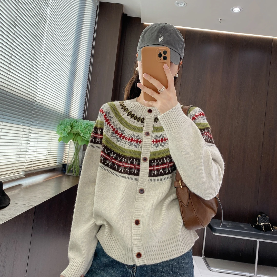 IMFLY金小金自制女装 针织开衫DYW10269撞色提花减龄休闲毛衣外套