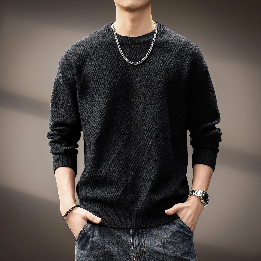 高端潮流立体提花黑色圆领毛衣男秋季新款美式高街宽松百搭针织衫