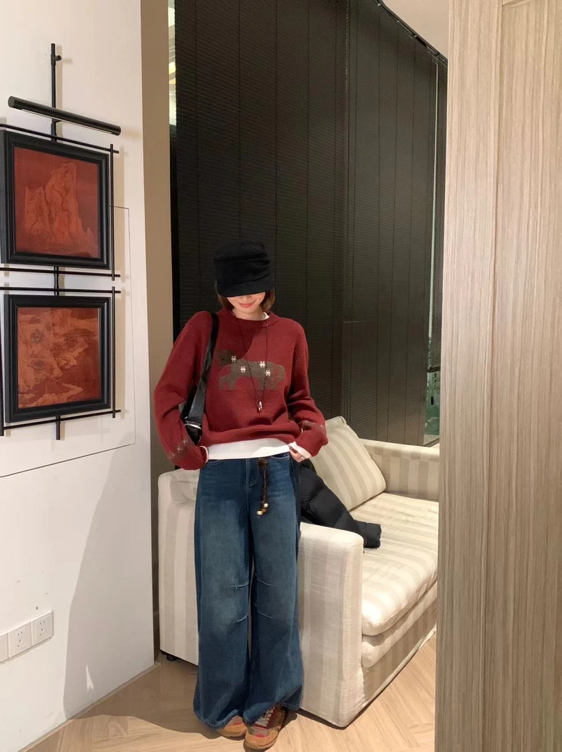 【芝士Cheese】酒心乳酪  羊毛圆领长袖保暖百搭韩版绣图套头毛衣