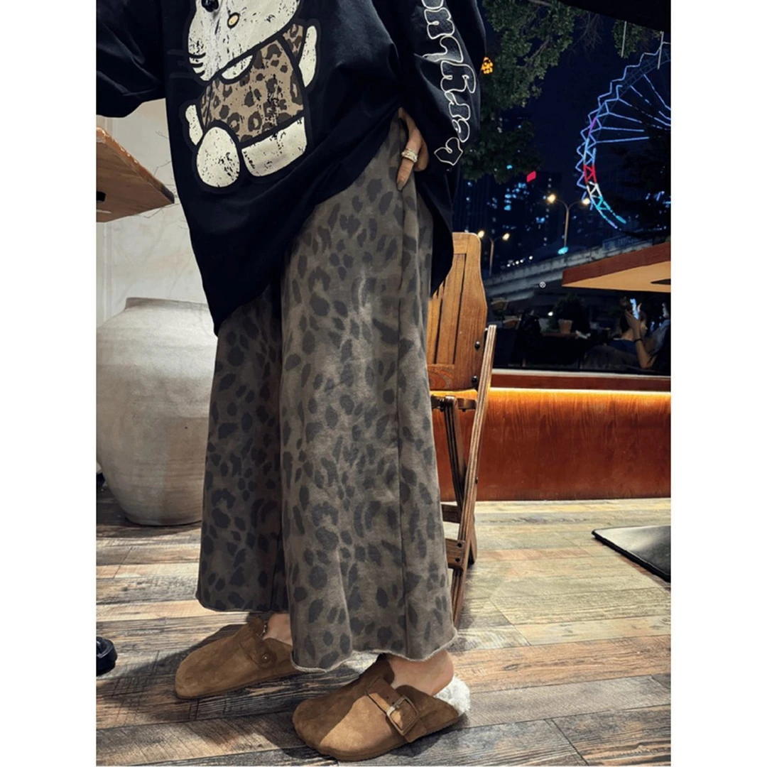 胖MM特大码300斤秋季美式复古豹纹直筒休闲裤宽松百搭阔腿九分裤2