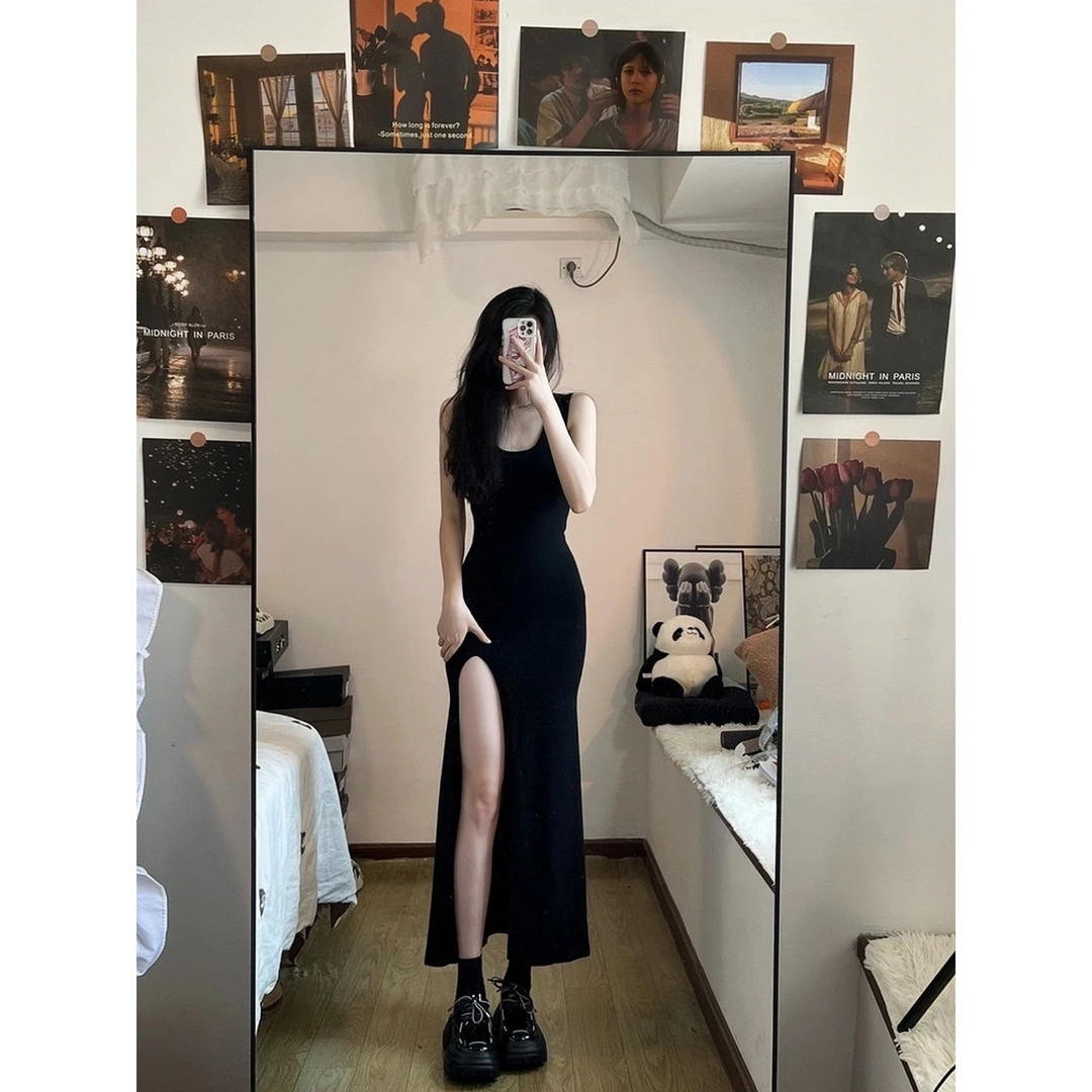 辣妹性感黑色吊带连衣裙女夏季新款修身开叉背心包臀后妈长裙裙子