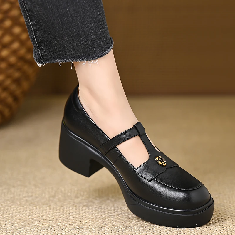 小个子增高厚底高跟鞋女粗跟圆头法式玛丽珍鞋真皮圆头山茶花单鞋