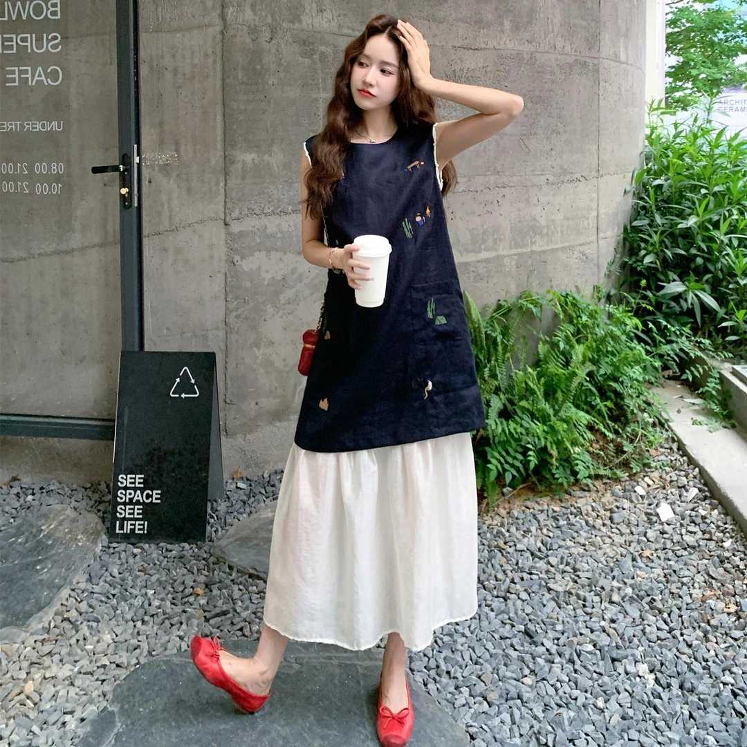 韩系复古刺绣设计感拼接背心裙女2025夏季新款休闲宽松显瘦长裙子