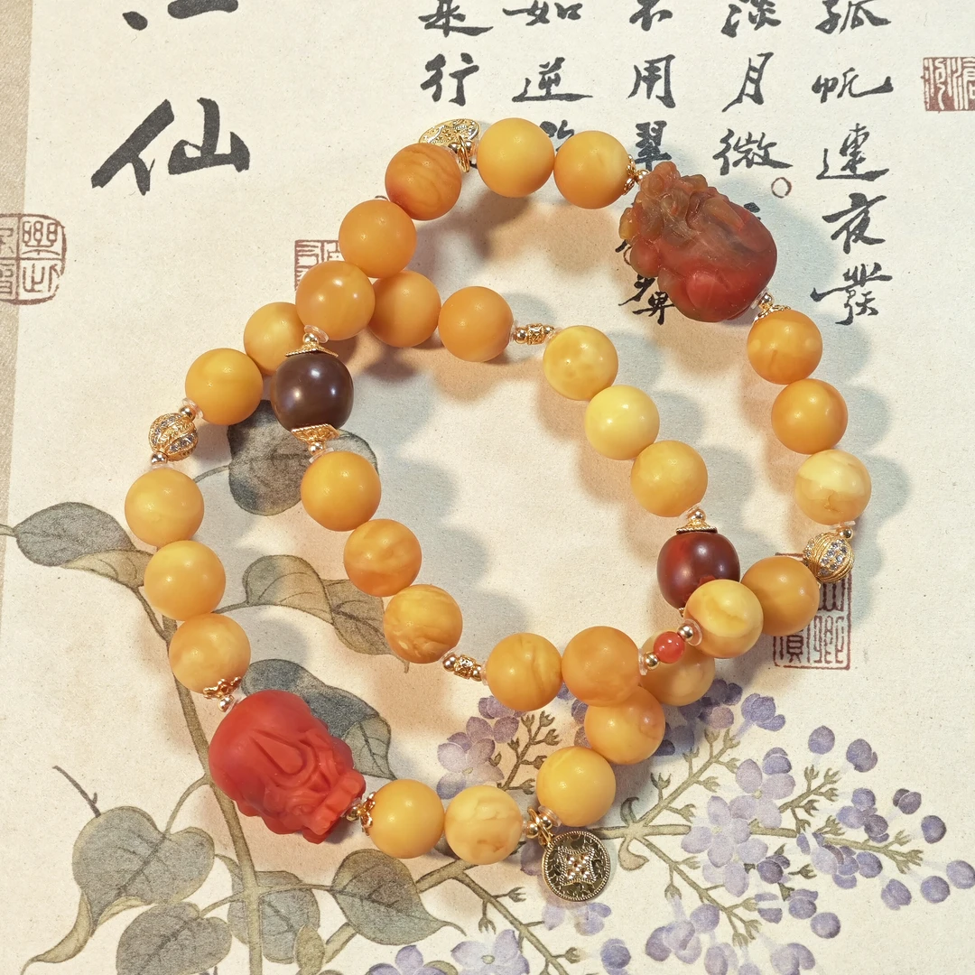【鸿汐】ZM268407蜜蜡石膏圆珠单圈手串diy南红貔貅9+多样性发其一