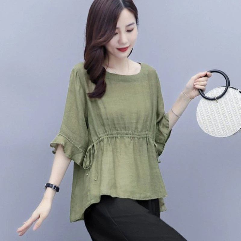女装洋气时髦气质棉麻上衣女荷叶边中袖夏季新款韩收腰显瘦宽松大