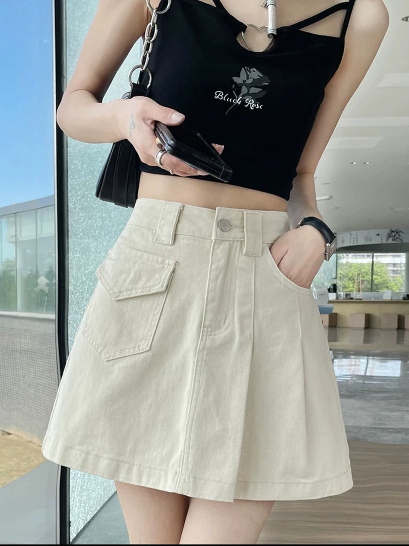 夏季新款白色牛仔高腰休闲短裙