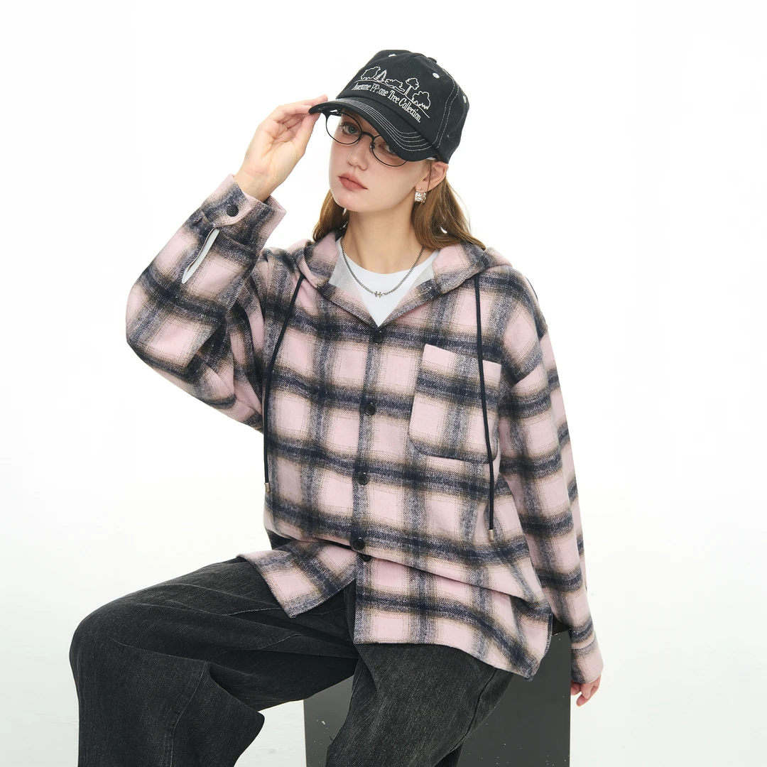 美式复古磨毛格子连帽衬衫女秋季新款潮牌慵懒风宽松情侣休闲衬衣