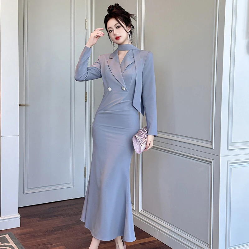 NaiAn/奈安 长袖轻奢法式修身高腰时尚长款女神范连衣裙 61125