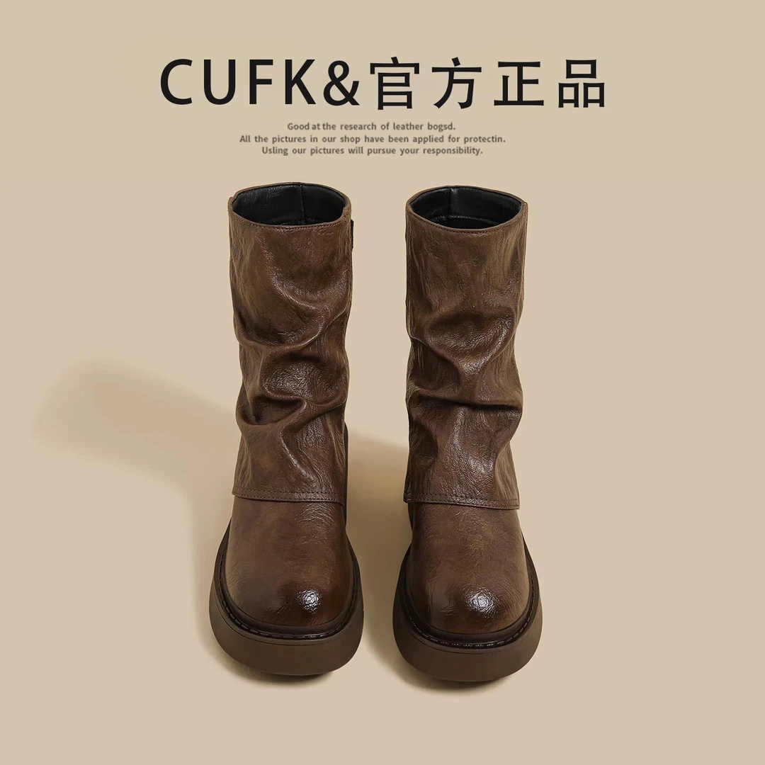 美拉德靴子女款爆款2025新款靴女棕色增高骑士短靴褶皱气质马丁靴