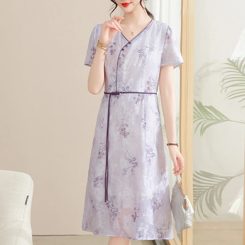 中年妈妈夏装连衣裙国风改良旗袍裙中老年女装夏季气质雪纺长裙子