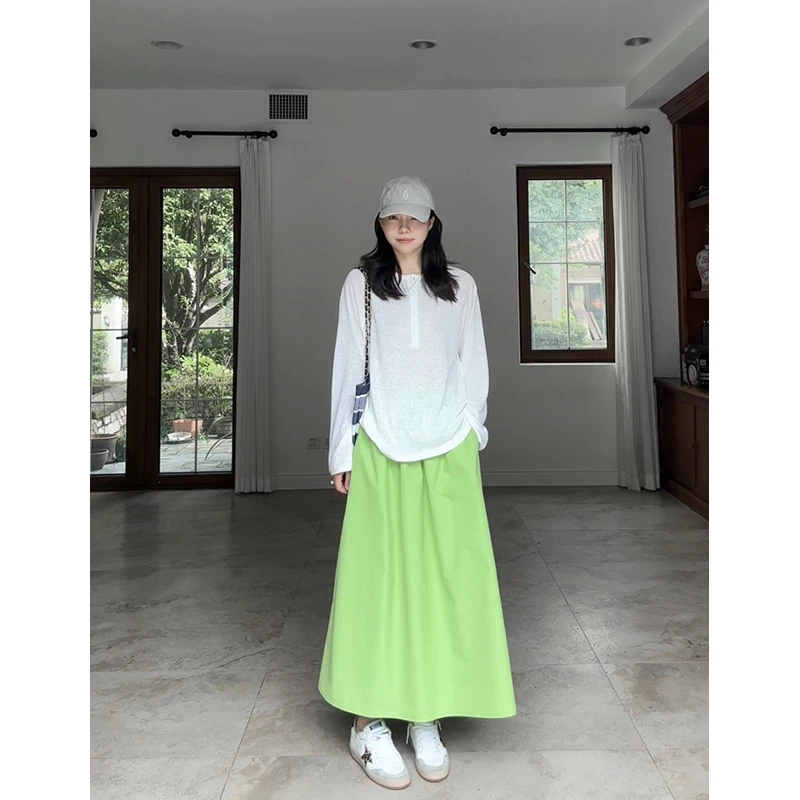 郭九九呢 棉气质休闲百搭宽松显瘦长袖t恤高腰绿色半裙G925A13947