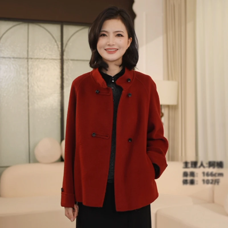 枫竺阿楠anan减龄显瘦时尚双面呢大衣立领双排扣毛呢外套女冬