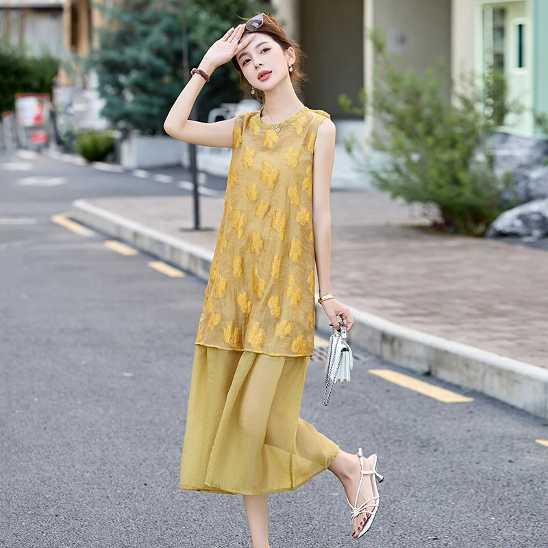 印花无袖假两件连衣裙女夏季新款2025时尚高级感气质长款过膝裙子