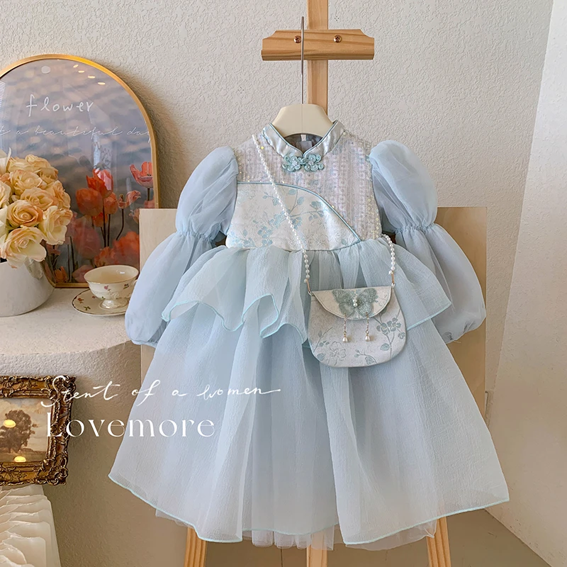 【本妈】秋“清雅颂”女童国风泡泡袖盘扣印花连衣裙80093 39‘9’