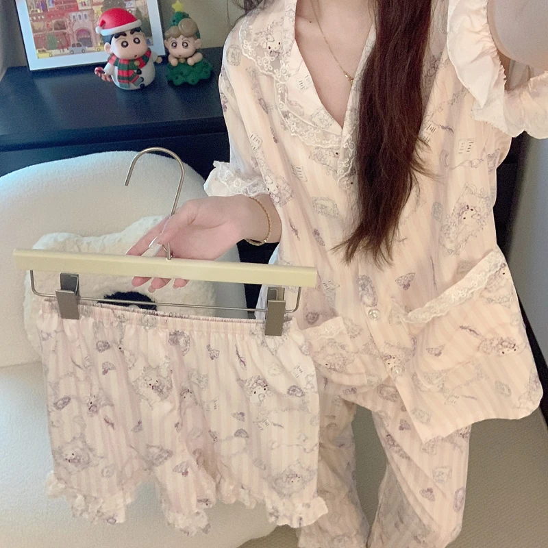 KT猫2025新款睡衣女春秋夏季冰丝短袖甜美卡通三件套高级感家居服