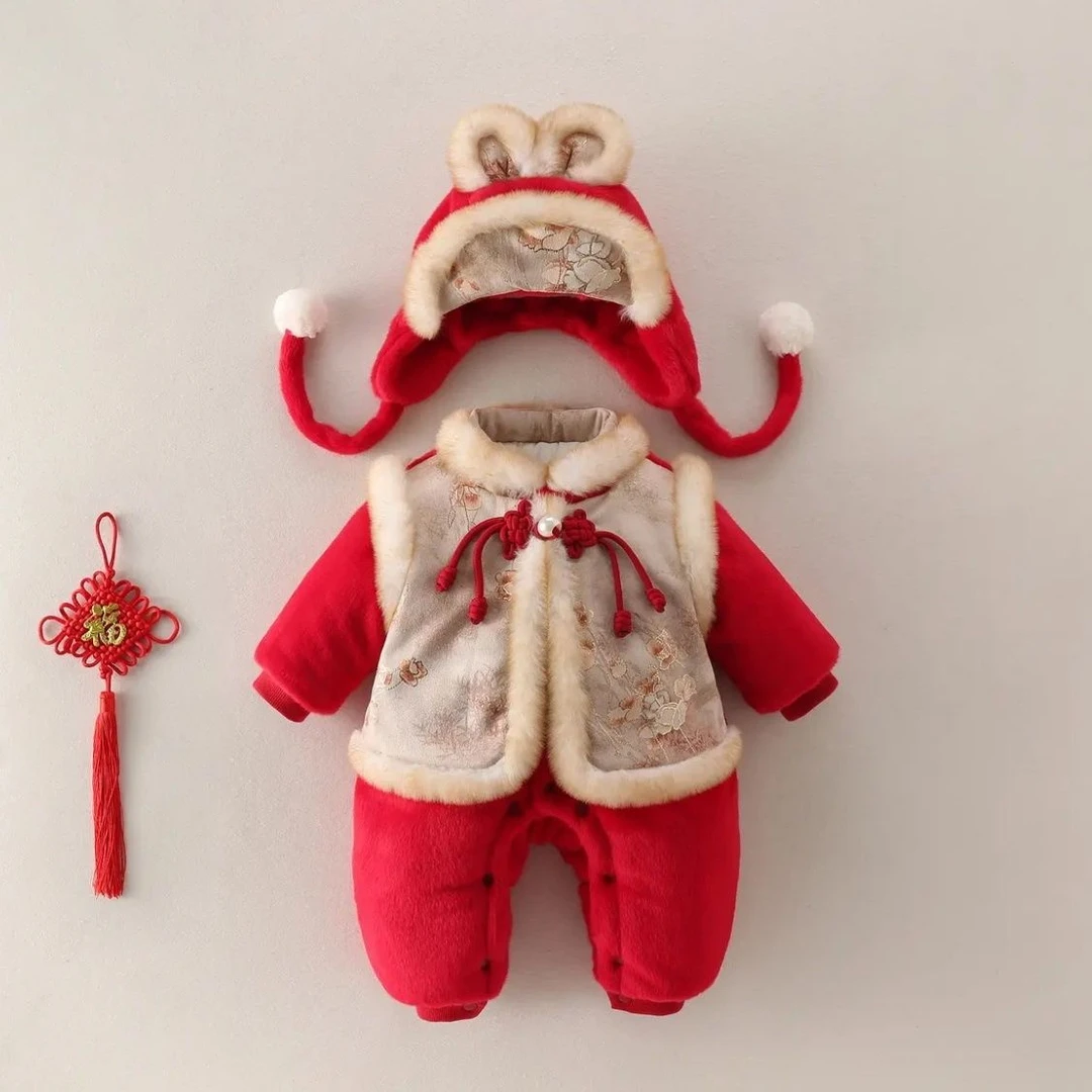 【沫沫家】冬装加绒加棉连体宝宝超萌公主红色喜庆外出加厚爬服