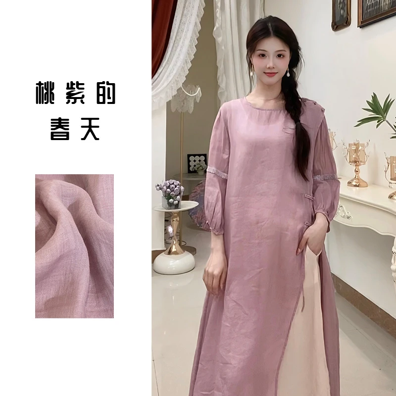 25爆款复古禅意圆领斜襟盘扣七分袖灯笼袖苎麻开叉中长裙连衣裙